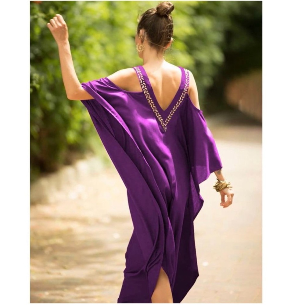 Purple Cold-Shoulder V-Back Kaftan Dress - Women Accessories